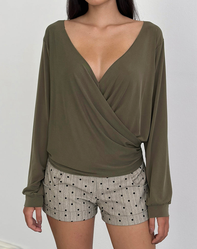 Khaki Cupro Plunge Drape Top | Tricia – motelrocks-com-us
