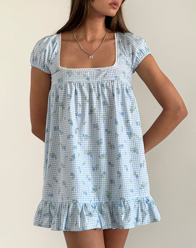 Blue Flower Gingham Mini Dress