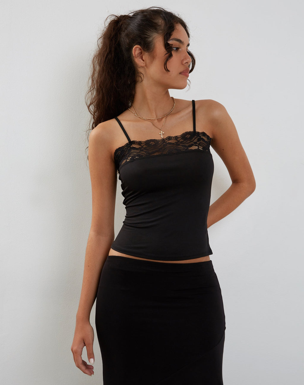 Tucci Vest Top in Slinky Lace Black