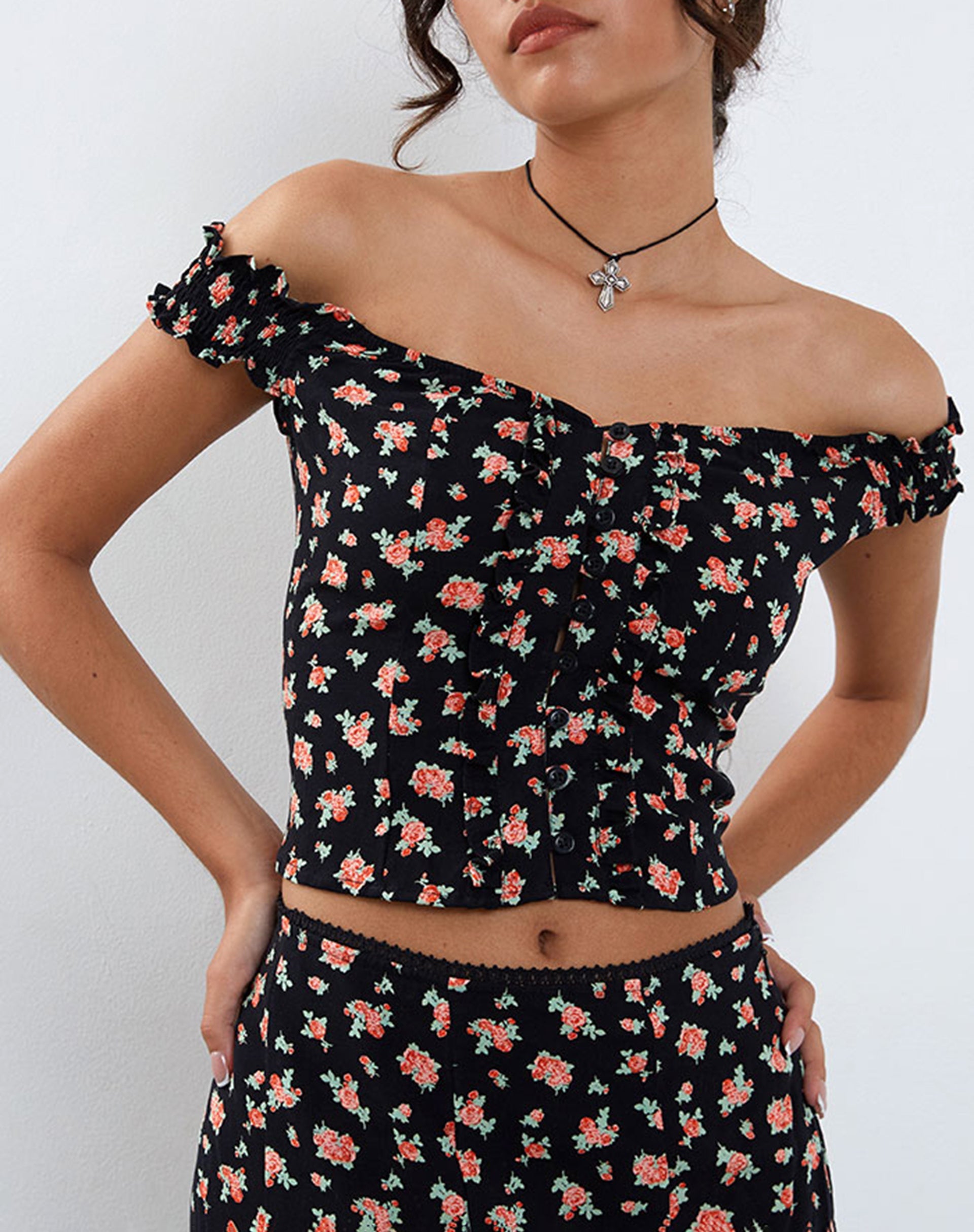 Floral bardot crop discount top