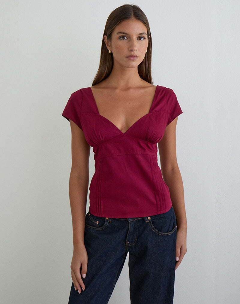 Image of Uliva Cap Sleeve Corset Top in Poplin Burgundy