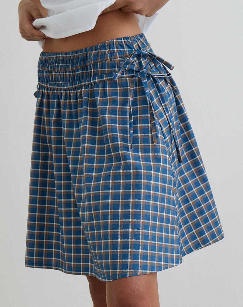 Image of Khimar Gathered Midi Skirt in Medium Tartan Blue