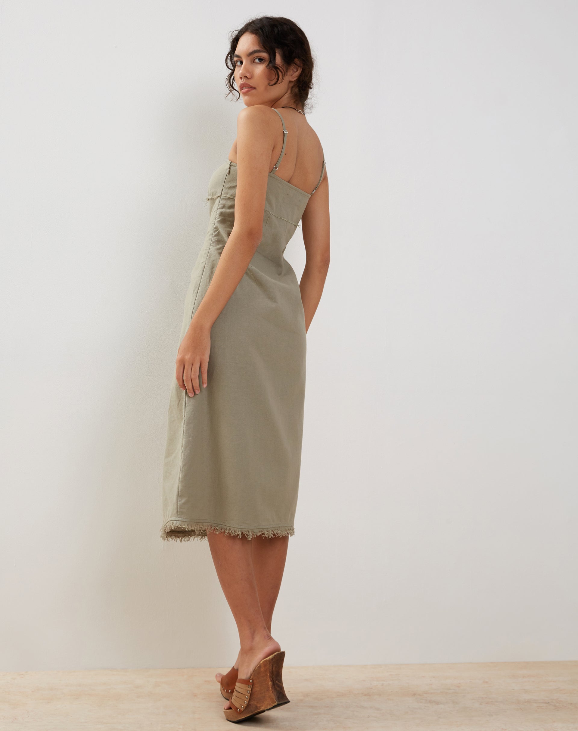 Una Distressed Hem Midi Slip Dress in Slate Green Linen Una Distressed Hem Midi Slip Dress in Slate Green Linen
