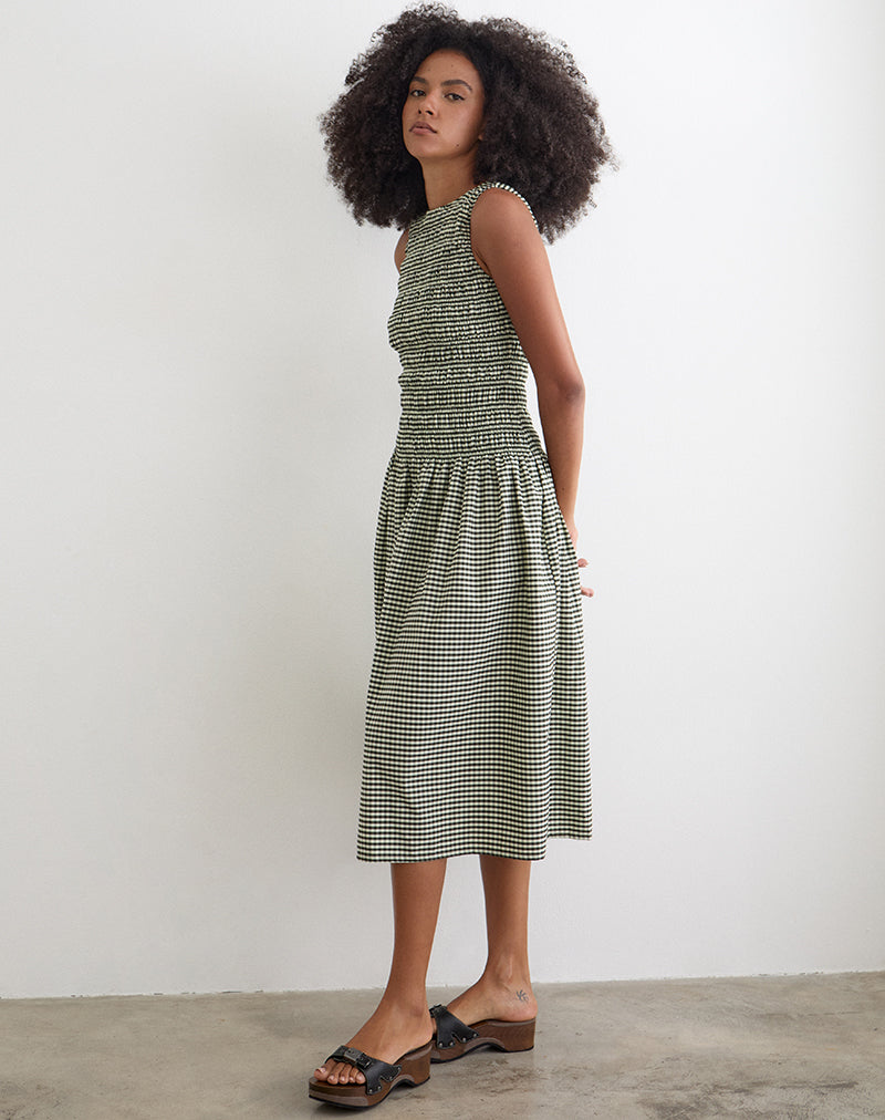 dark green midi dress Undine Midi Dress in Mini Gingham Dark Green