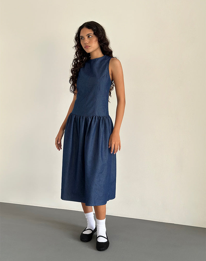 motel denim dress Dilshan Belted Mini Dress in Chambray Indigo