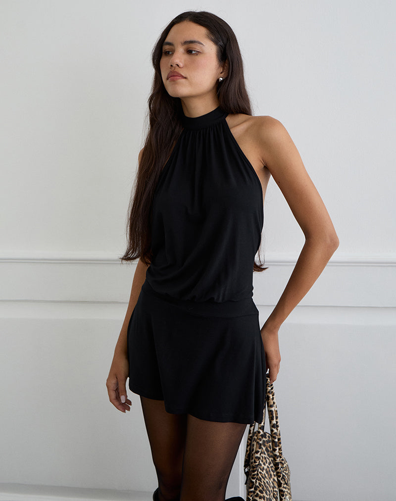 Vaklina Mini Dress in Rayon Jersey Black , Halter Neck Vaklina Mini Dress in Rayon Jersey Black , Halter Neck