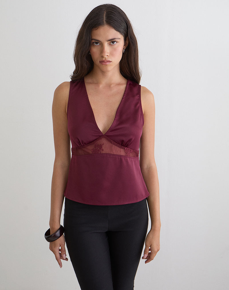 Image of Valeska Lace Insert Top in Satin Zinfandel