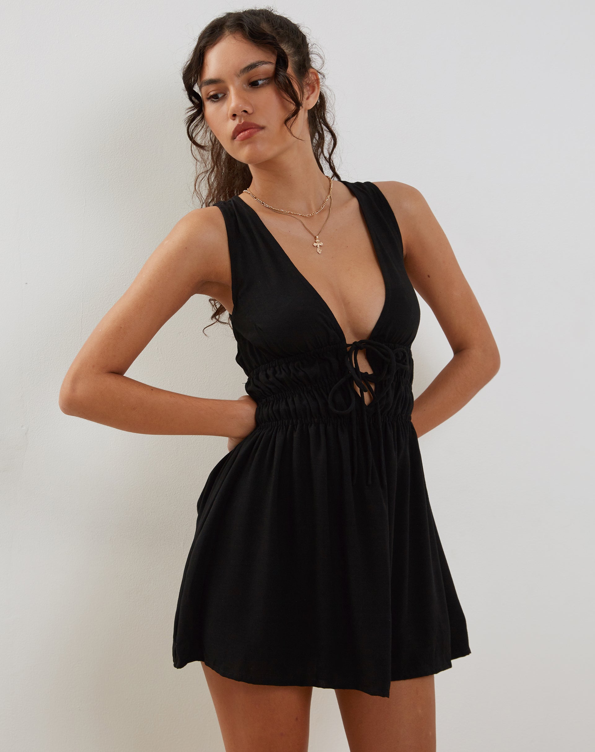 Image of Valhala Front Tie Mini Dress in Black
