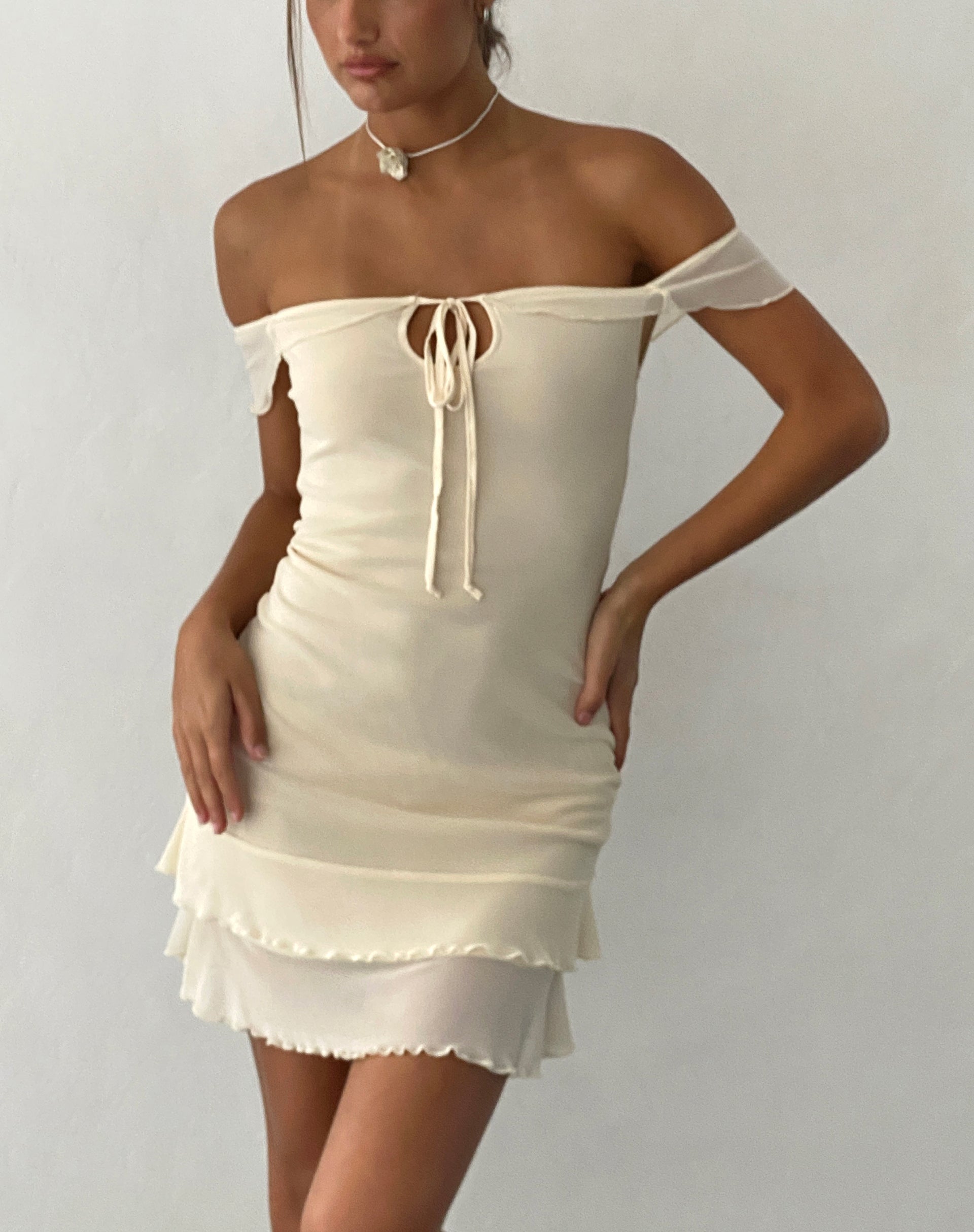 Image of Valory Bardot Mini Dress in Ivory Mesh