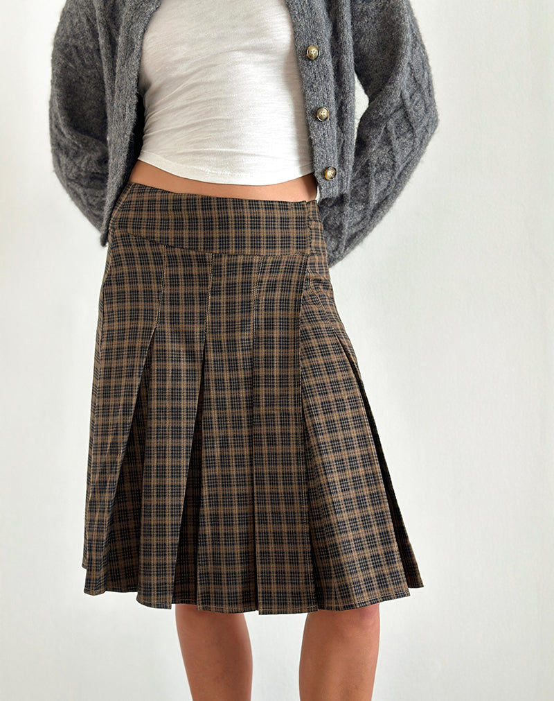 Brown Check Pleated Midi Skirt main image 1