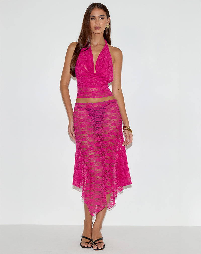 Image of Cinta Low Rise Midi Skirt in Orchid Lace Hot Pink
