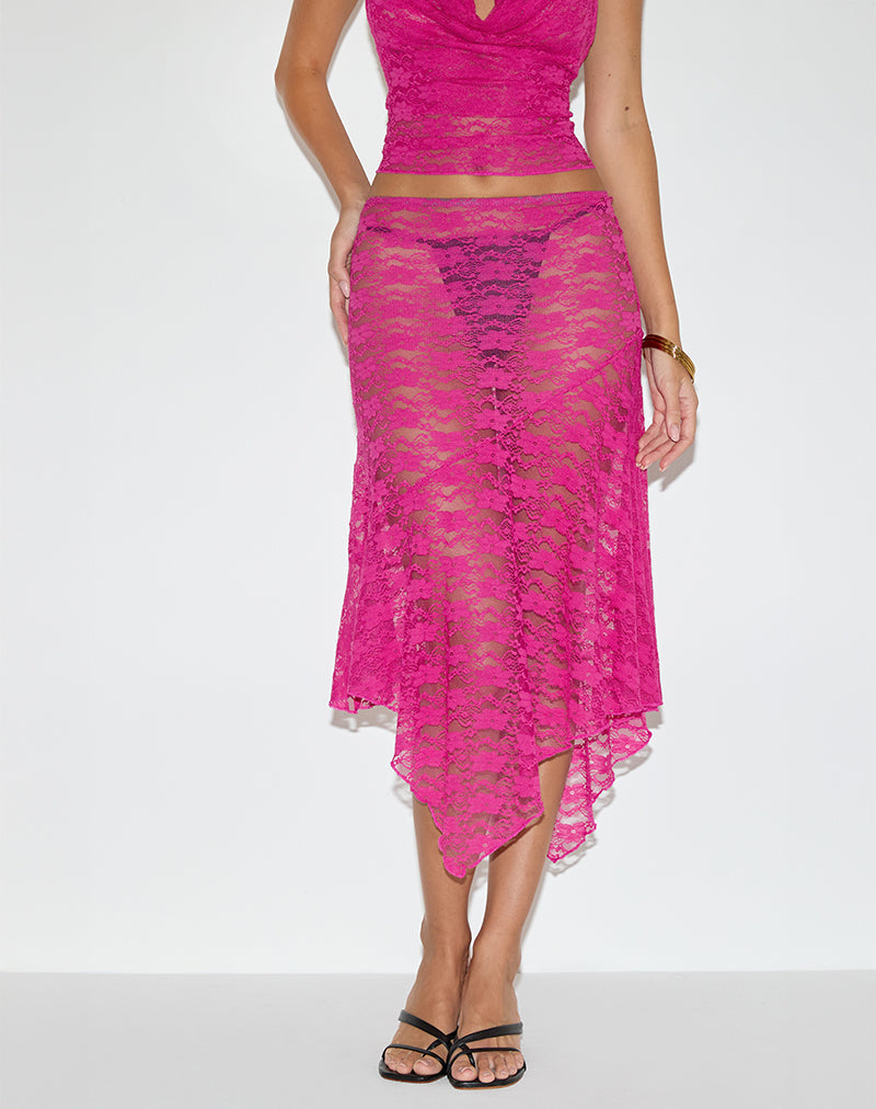 Image of Cinta Low Rise Midi Skirt in Orchid Lace Hot Pink