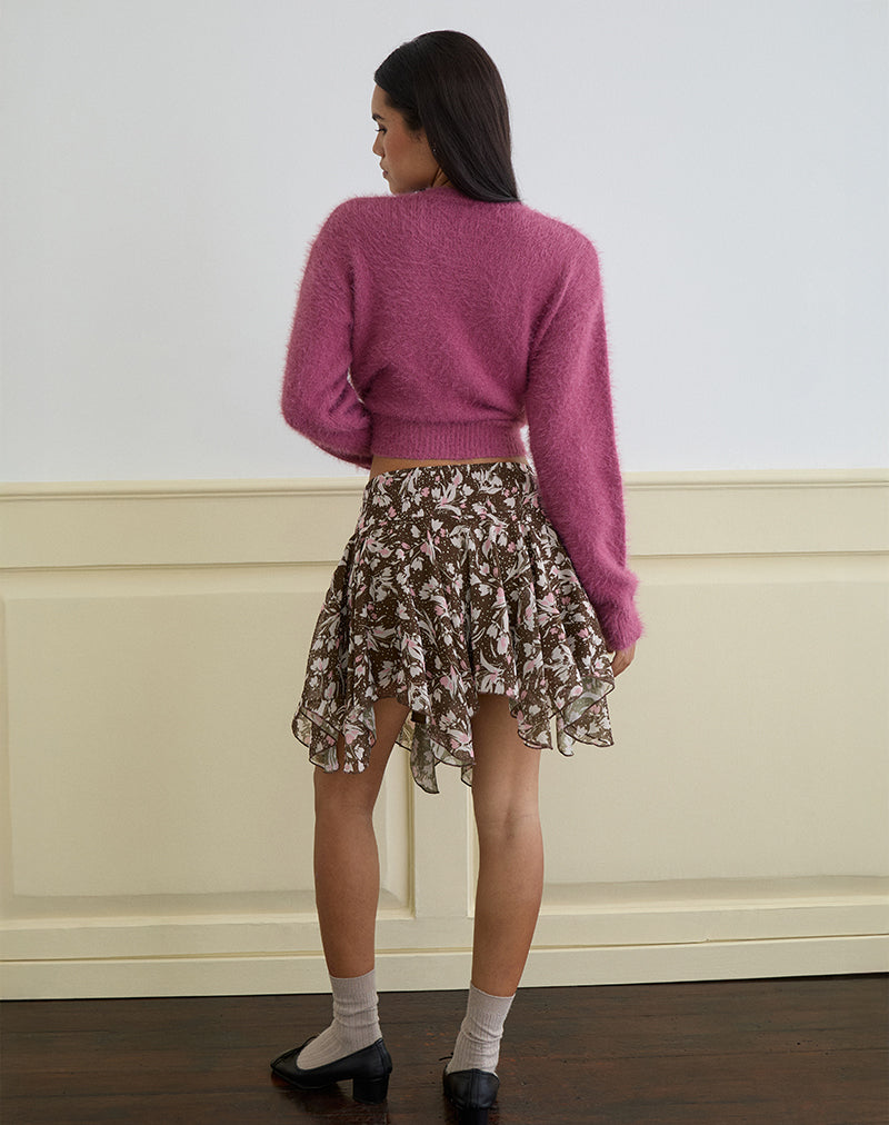 Image of Veny Mini Skirt in Brown and Pink Polka Flower Chiffon