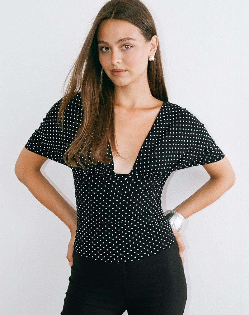 Image of Vernia Plunge Batwing Top in Jersey Micro Polka Black