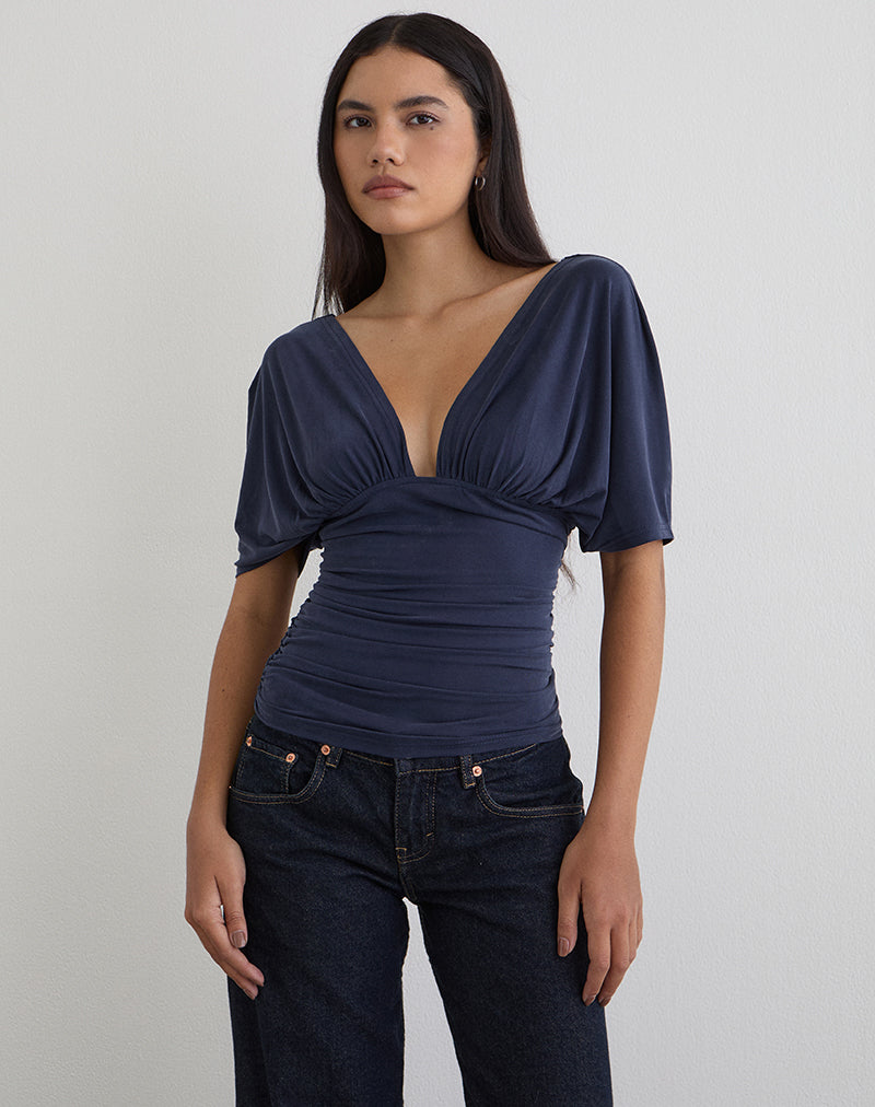 Brown and Blue Double Layered Short and Long Sleeve T-shirt | Enid