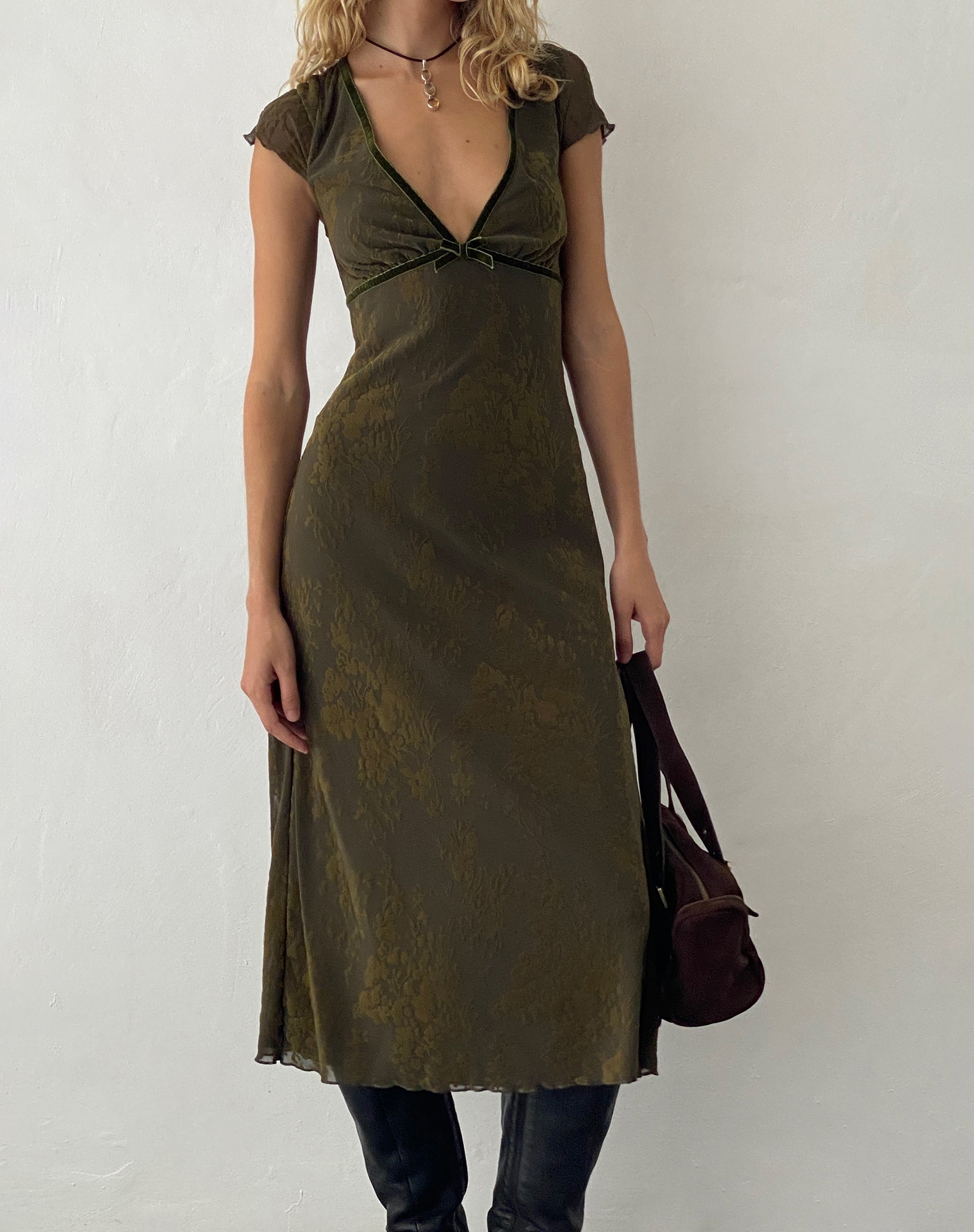 Dark Olive Abstract Botanic Midi Dress | Vilinia – motelrocks-com-us