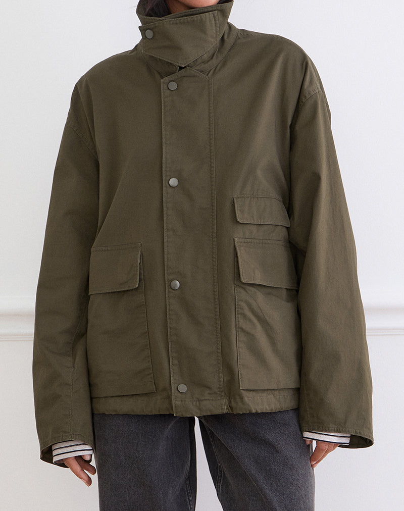 Vireon High Neck Jacket in Khaki Green