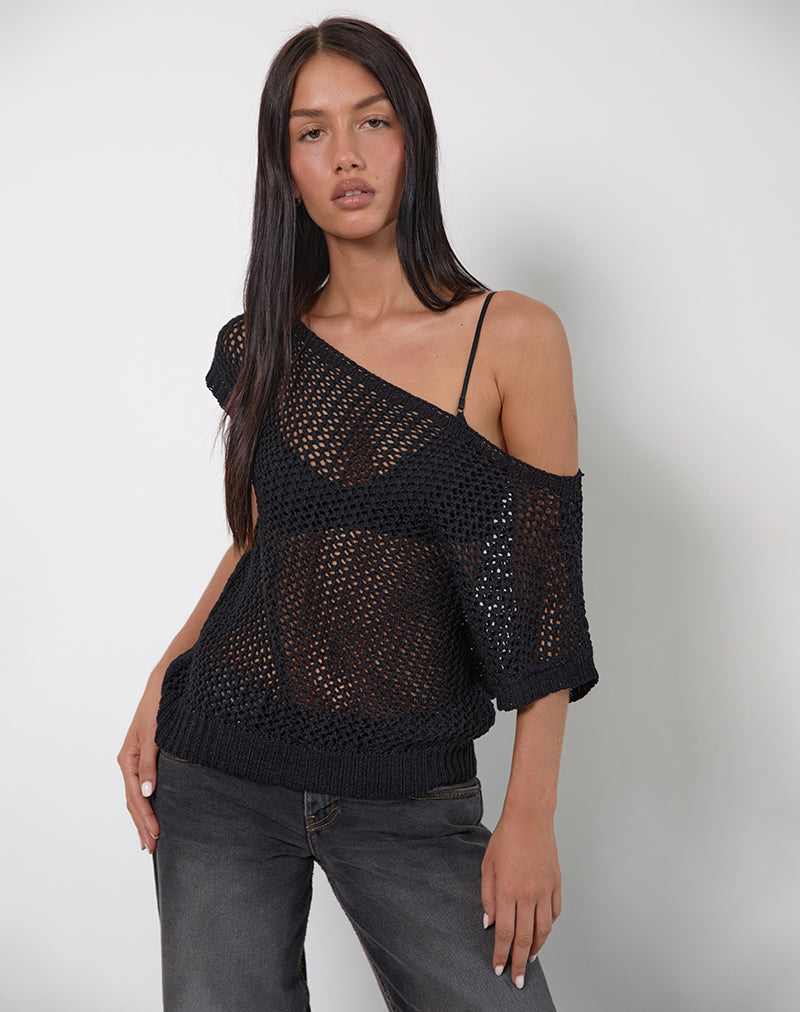 Weavora Slash Neck Top in Open Knit Black