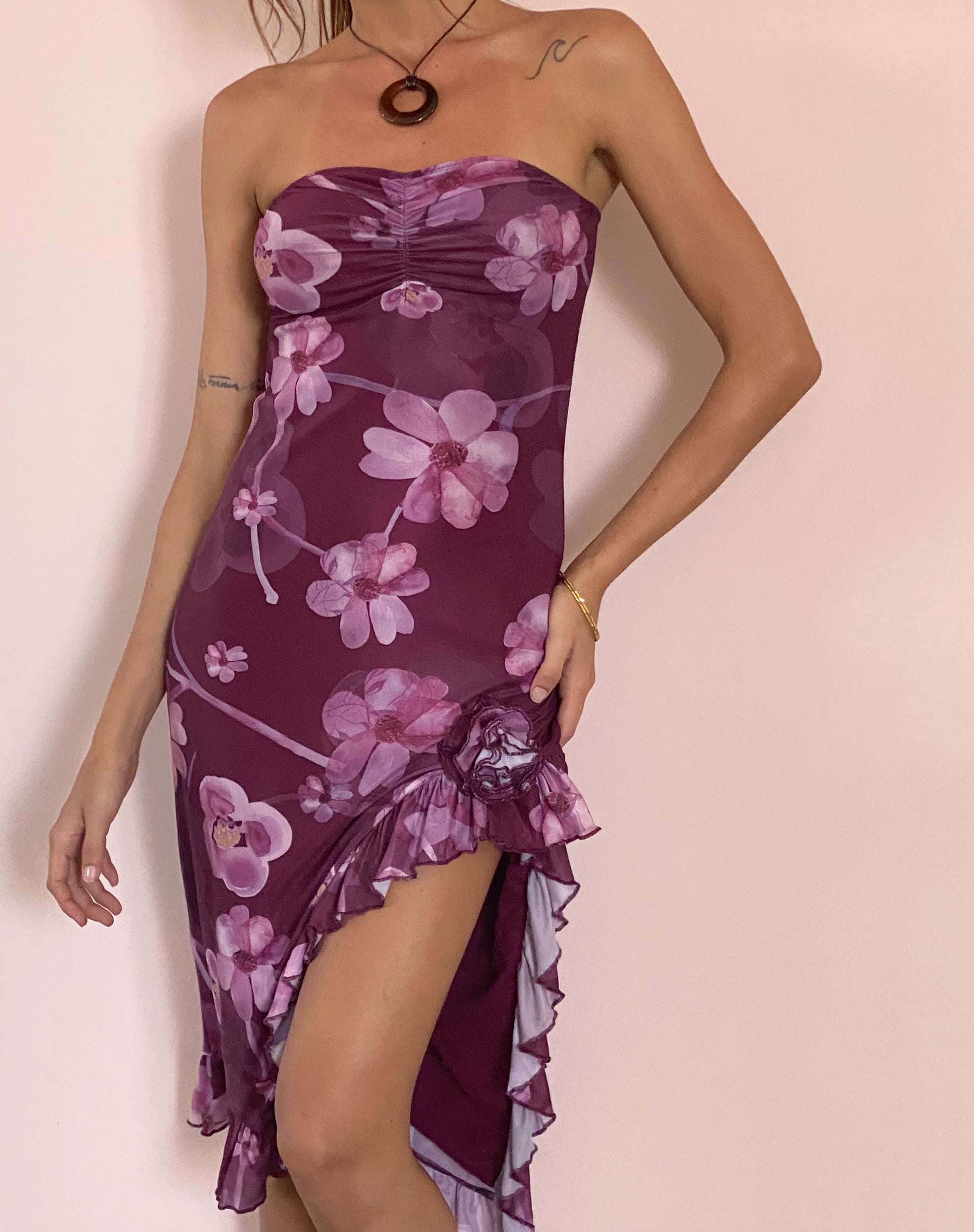 Image of Weti Bandeau Mini Dress with Waterfall Hem in Watercolour Floral Berry