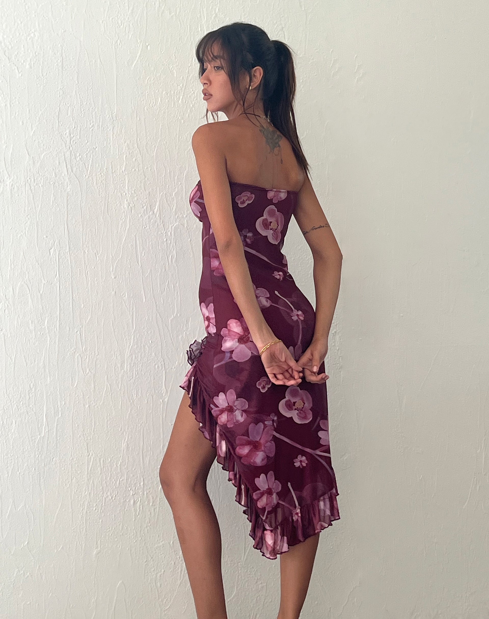 Image of Weti Bandeau Mini Dress with Waterfall Hem in Watercolour Floral Berry