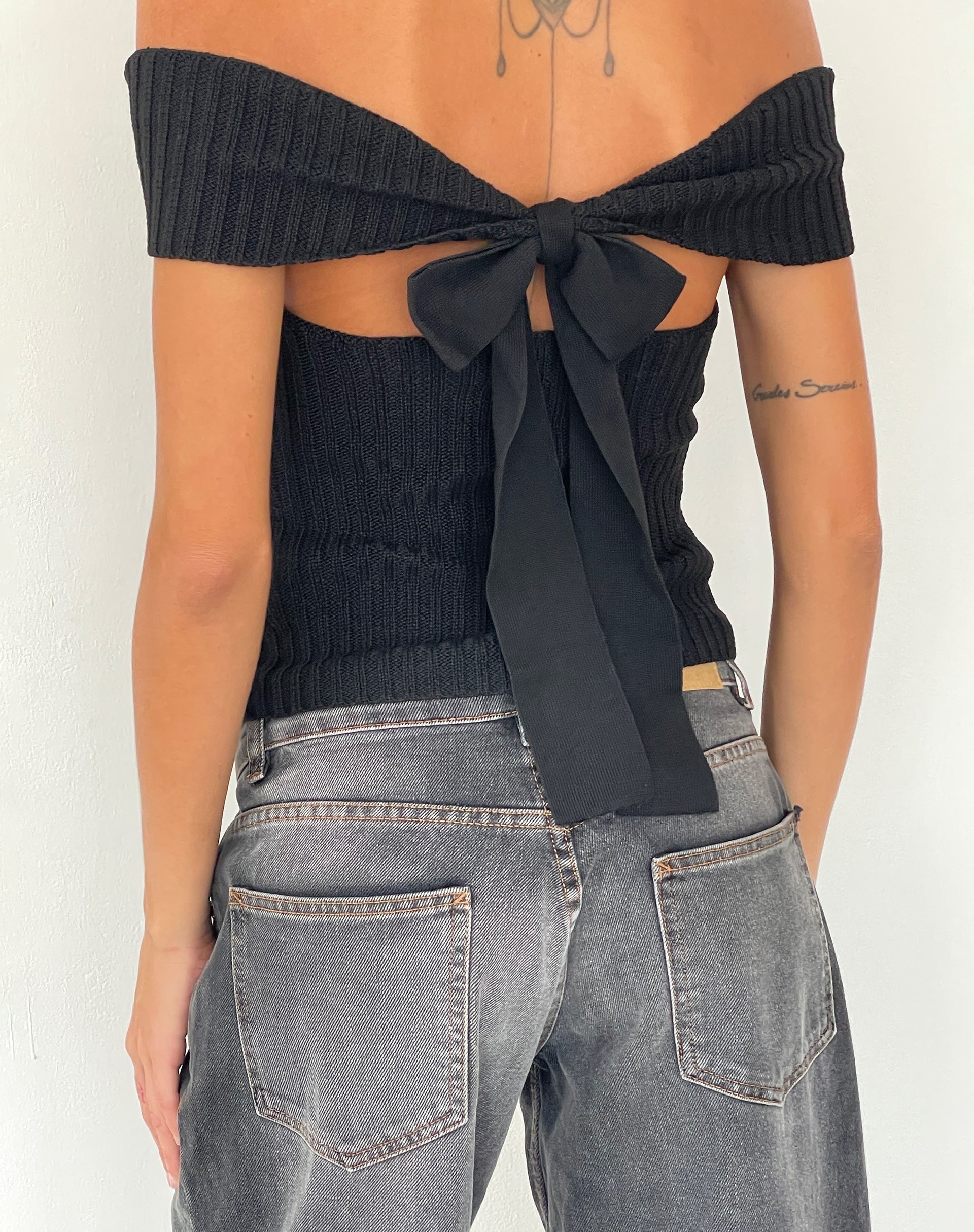Image of Wilda Bardot Bow Back Top in Knit Black