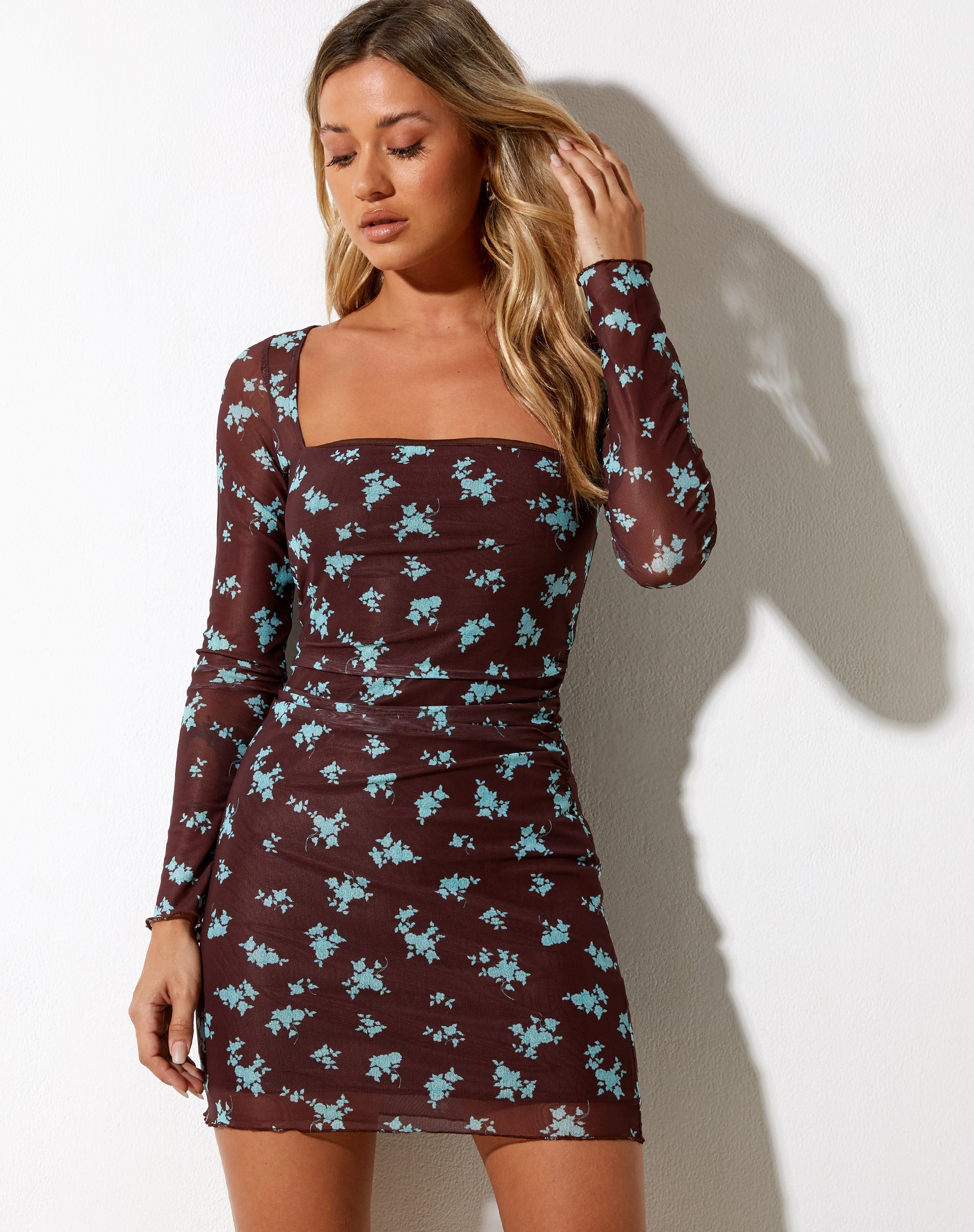 Blue and Brown Floral Print Long Sleeve Mini Dress | Wilem –  motelrocks-com-us