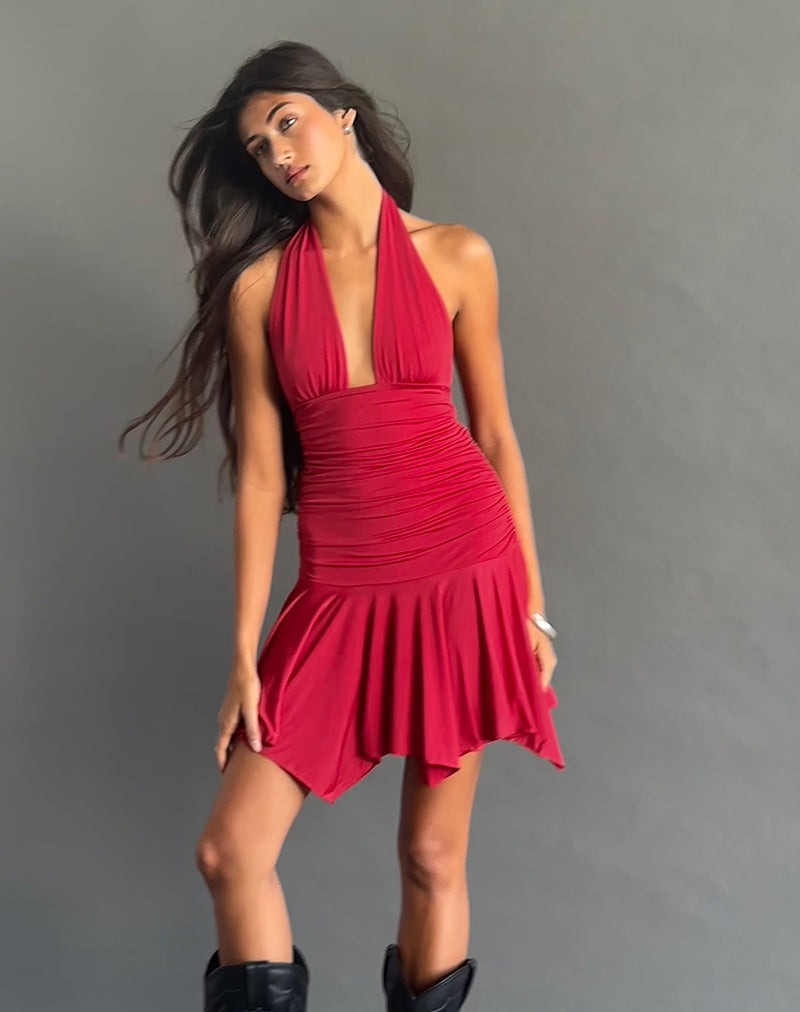 Winslet Plunge Mini Dress in Slinky Red , Halter Neck , Bodycon , Asymmetric