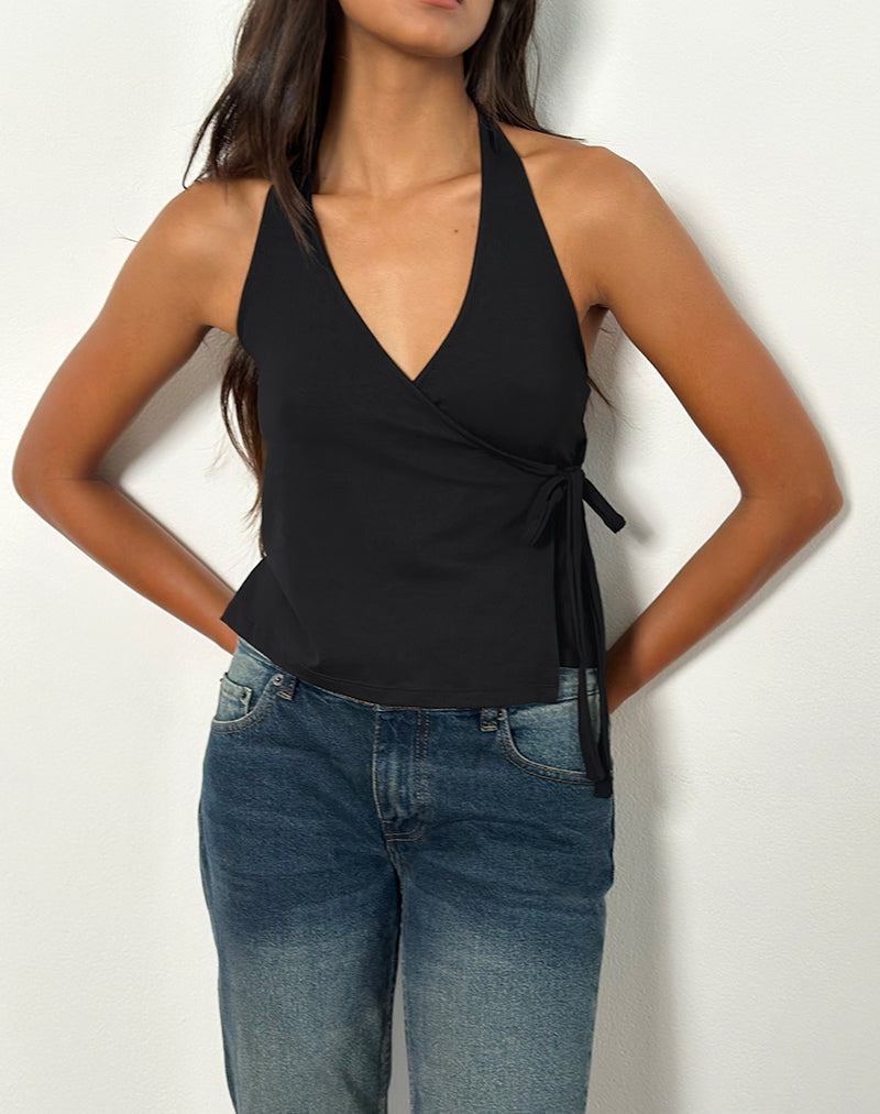 Image of Wisty Halter Neck Wrap Top in Jersey Black