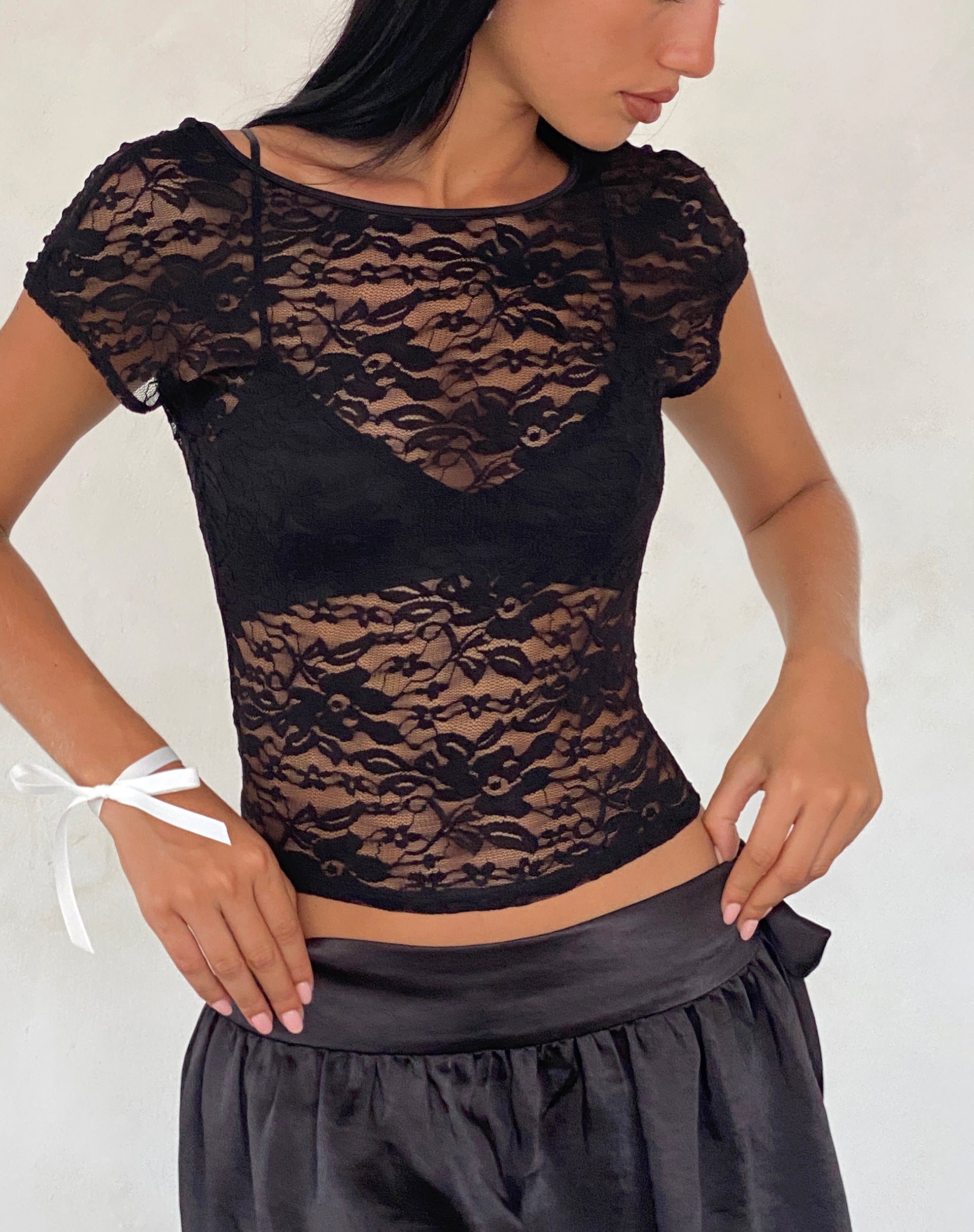 Black lace short outlet sleeve top