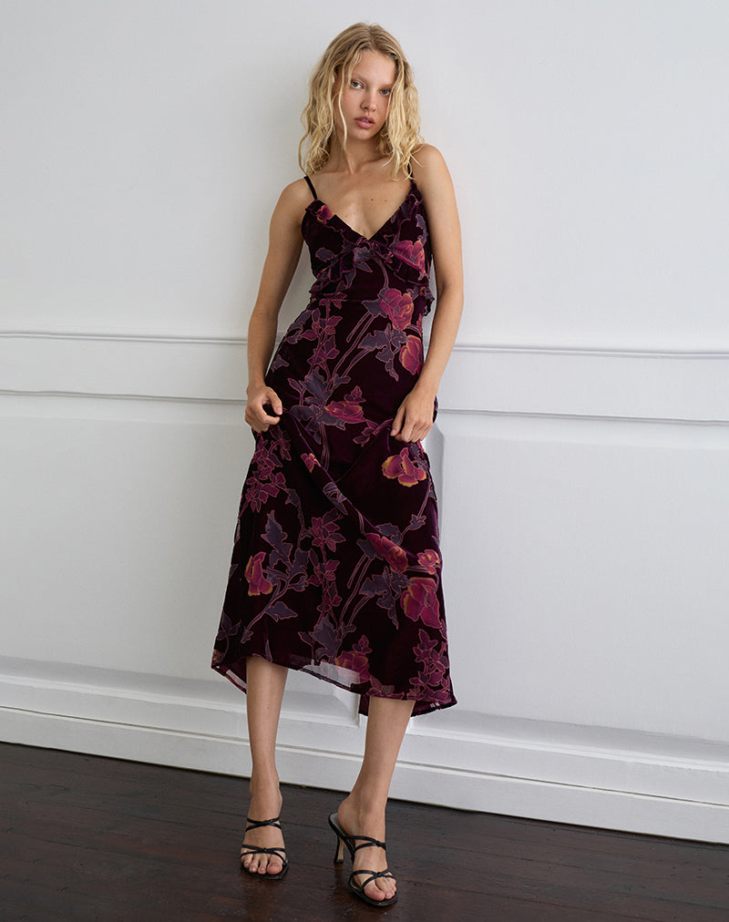 Yamira Maxi Dress in Floral Devore Burgundy , Frill