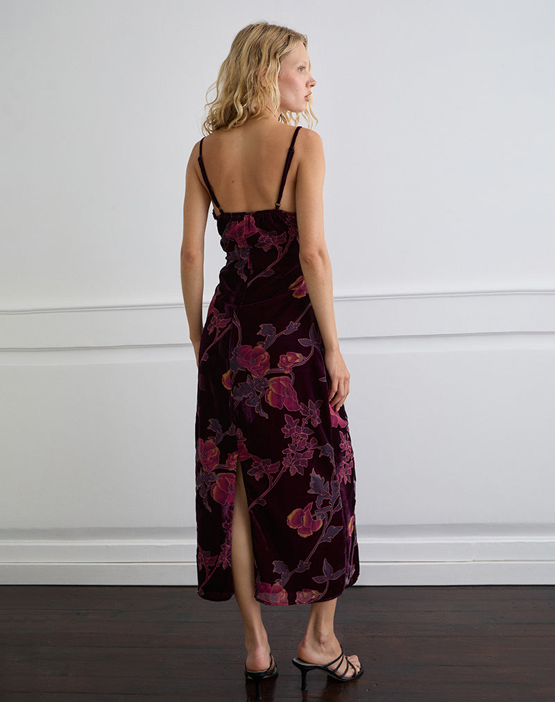 red motel rocks dress Yamira Maxi Dress in Floral Devore Burgundy , Frill