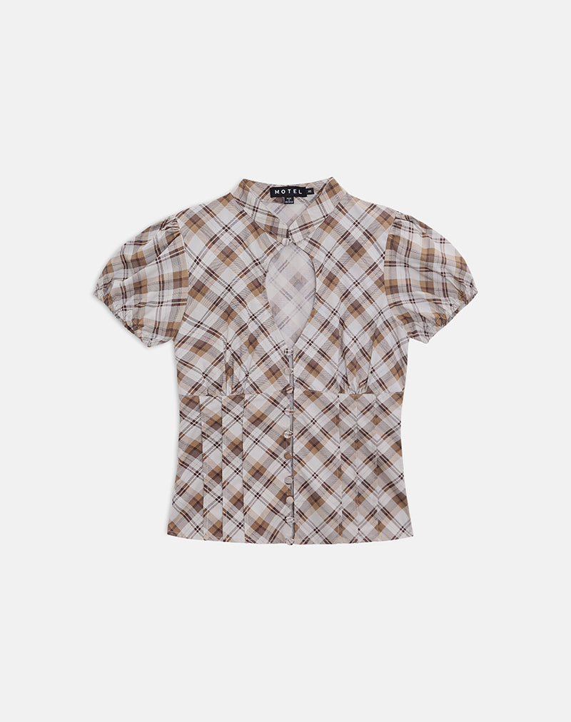 Brown Angled Check Keyhole Puff Sleeve Blouse | Yasuda