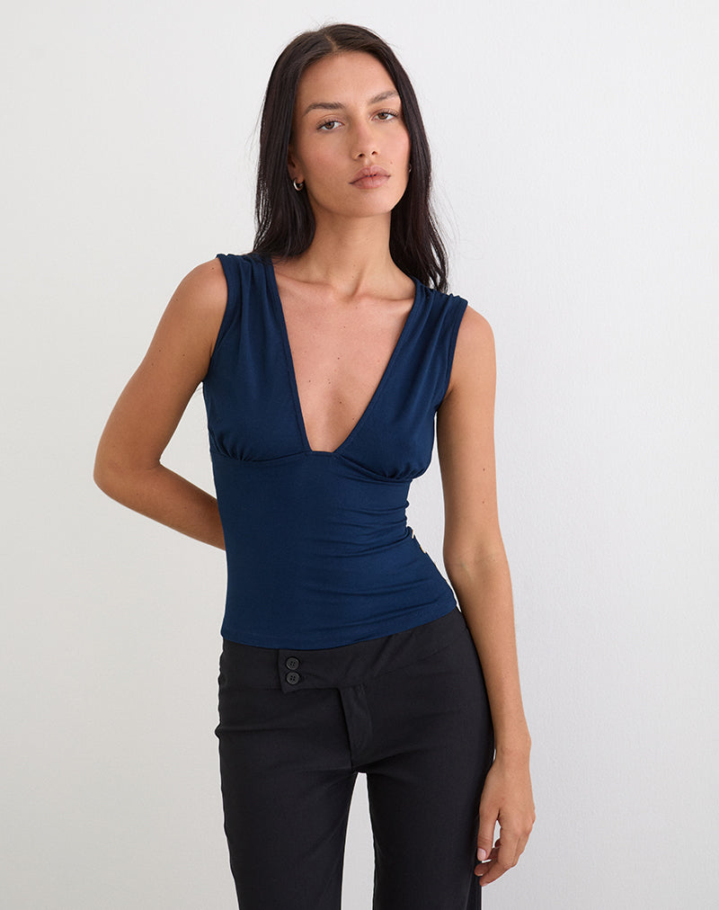 Image of Yatna Top in Rayon Navy with Pearl Button Trim