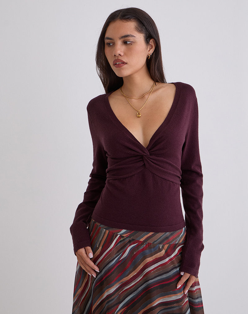 Yenari Long Sleeve Twist Top in Knit Plum