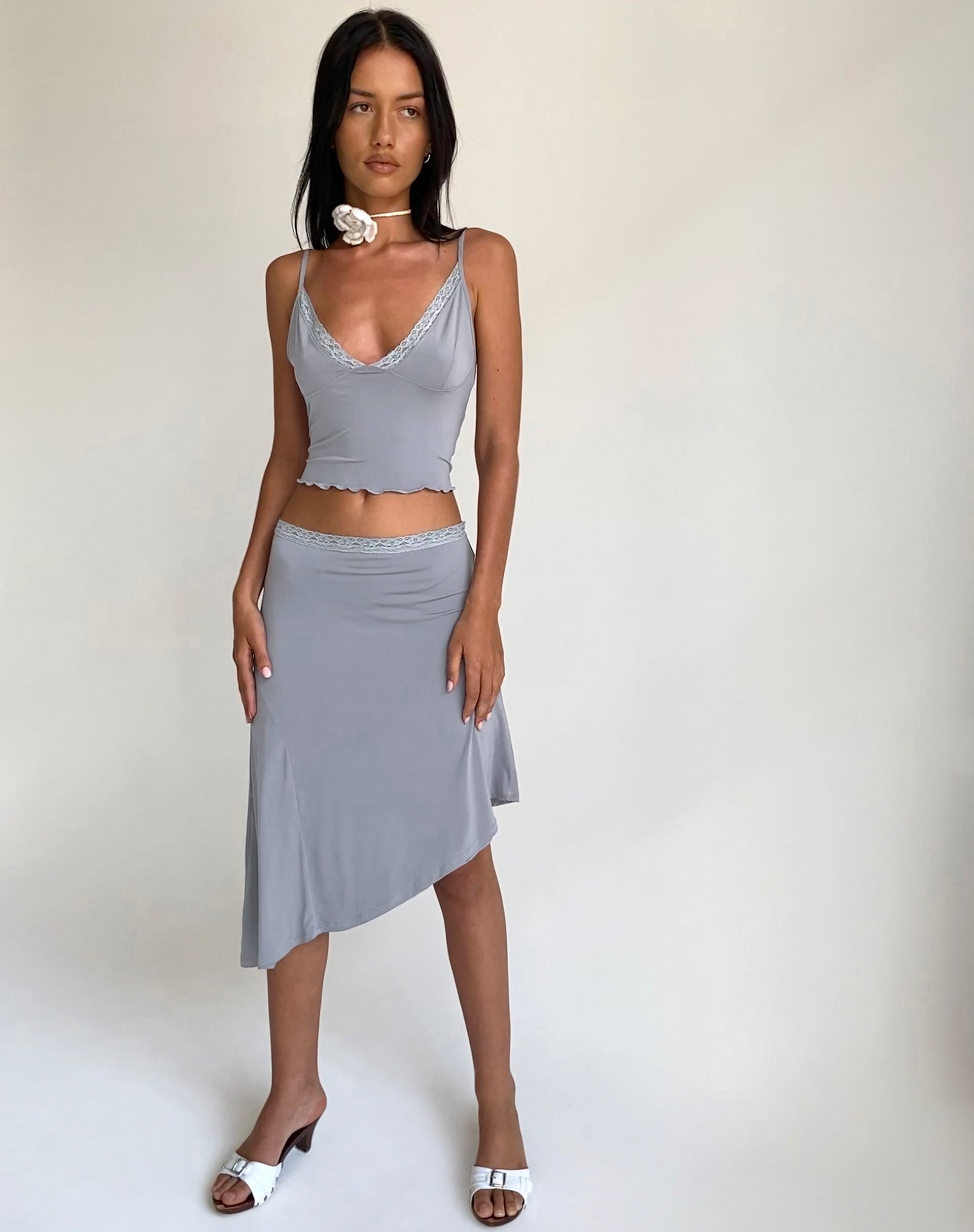 Drew Asymmetric Midi Skirt in Slinky Grey