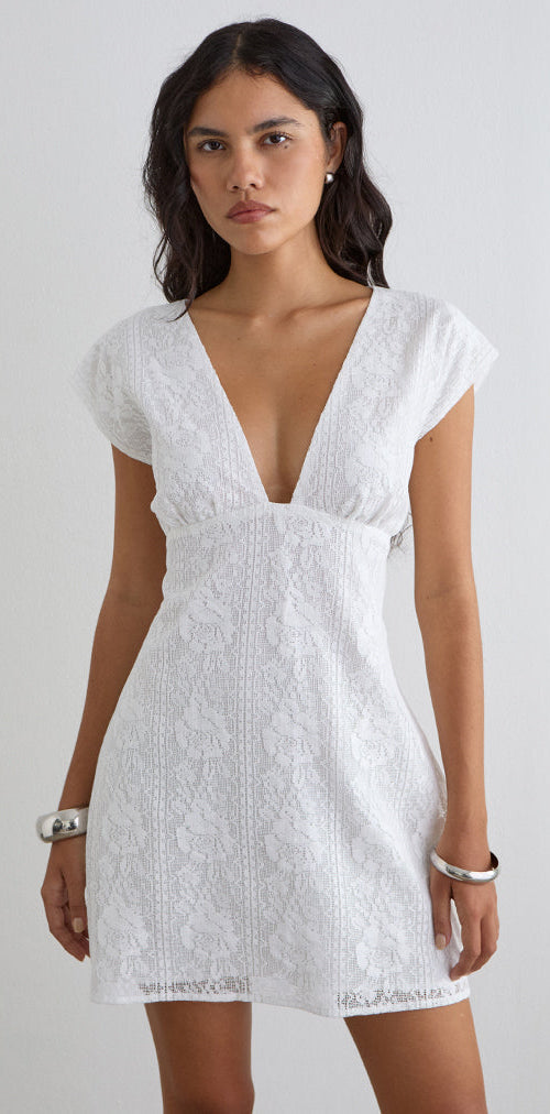 Image of Yenna Plunge Mini Dress in Floral Lace White