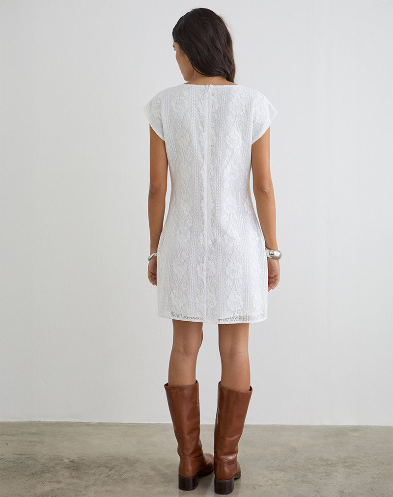 Yenna Plunge Mini Dress in Floral Lace White Yenna Plunge Mini Dress in Floral Lace White