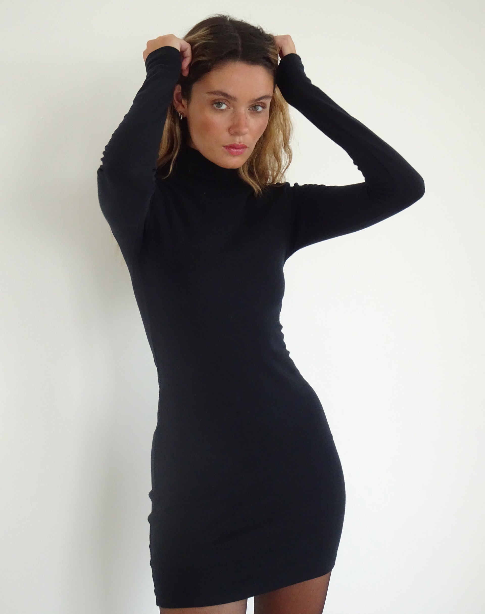 Yrion Turtle Neck Bodycon Mini Dress in Black Yrion Turtle Neck Bodycon Mini Dress in Black