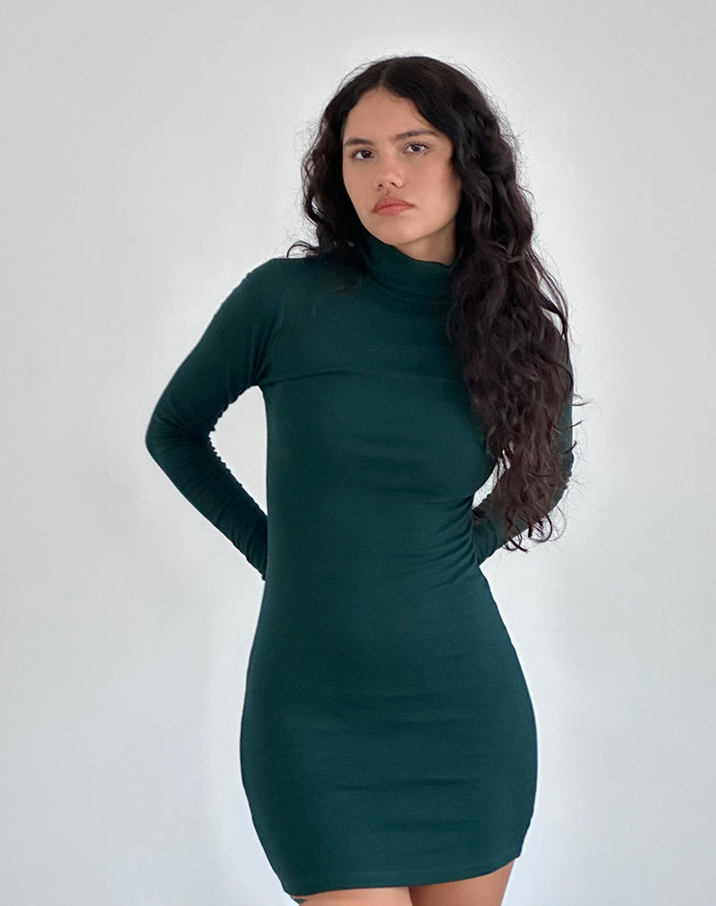 Yrion Turtle Neck Bodycon Mini Dress in Forest Green