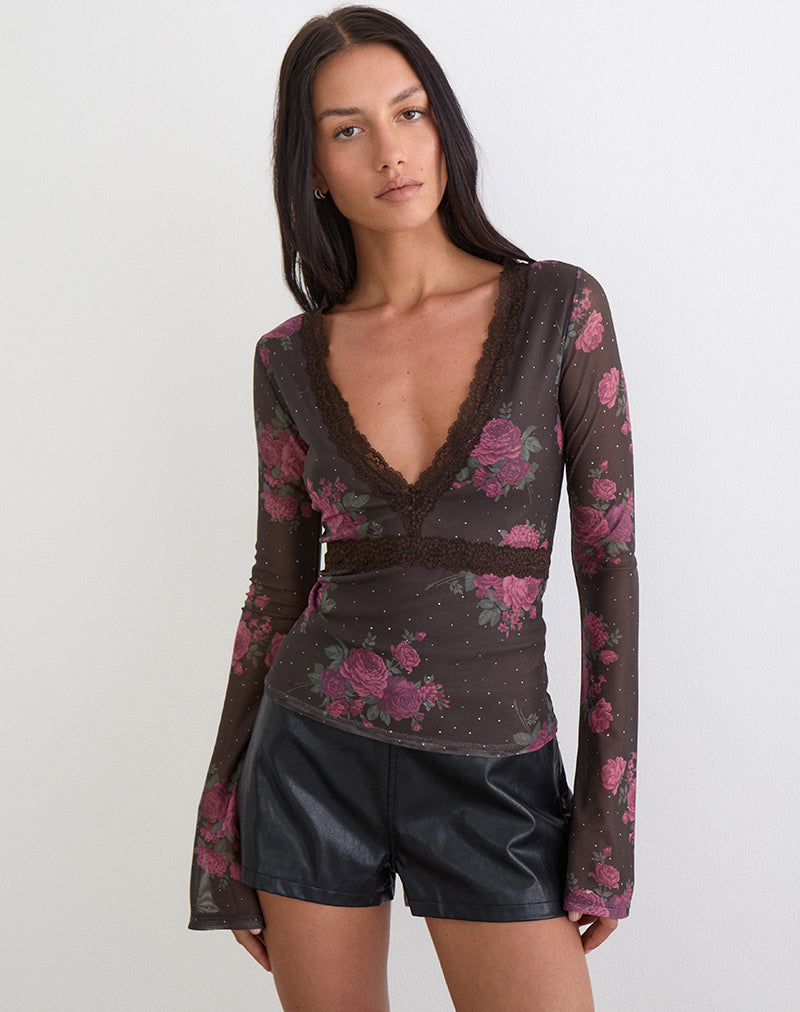 Image of Yudo Top in Brown with Pink Polka Dots and Roses Print