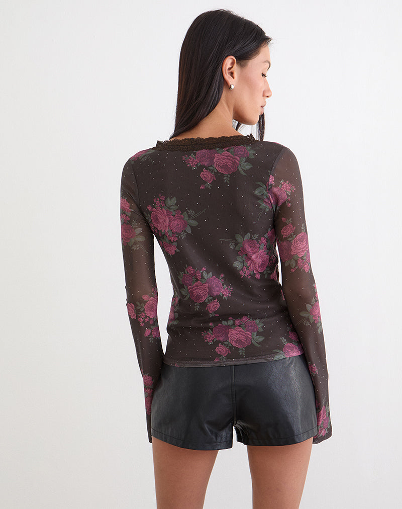 Image of Yudo Top in Brown with Pink Polka Dots and Roses Print