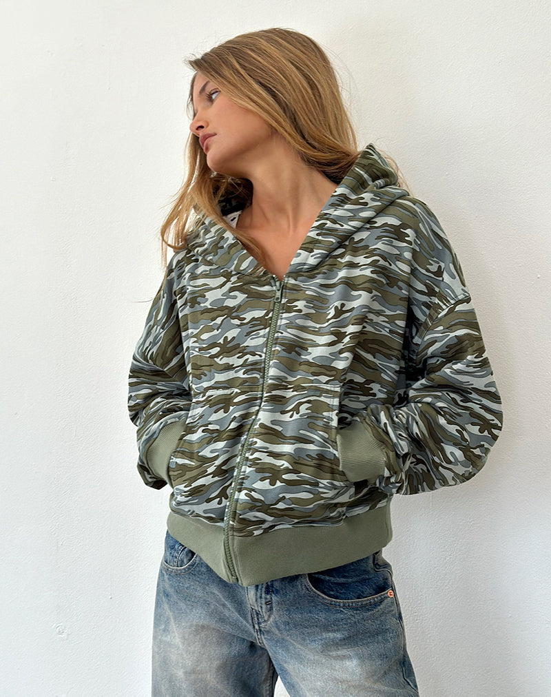 Yukadi Zip Through Hoodie in Camouflage Green