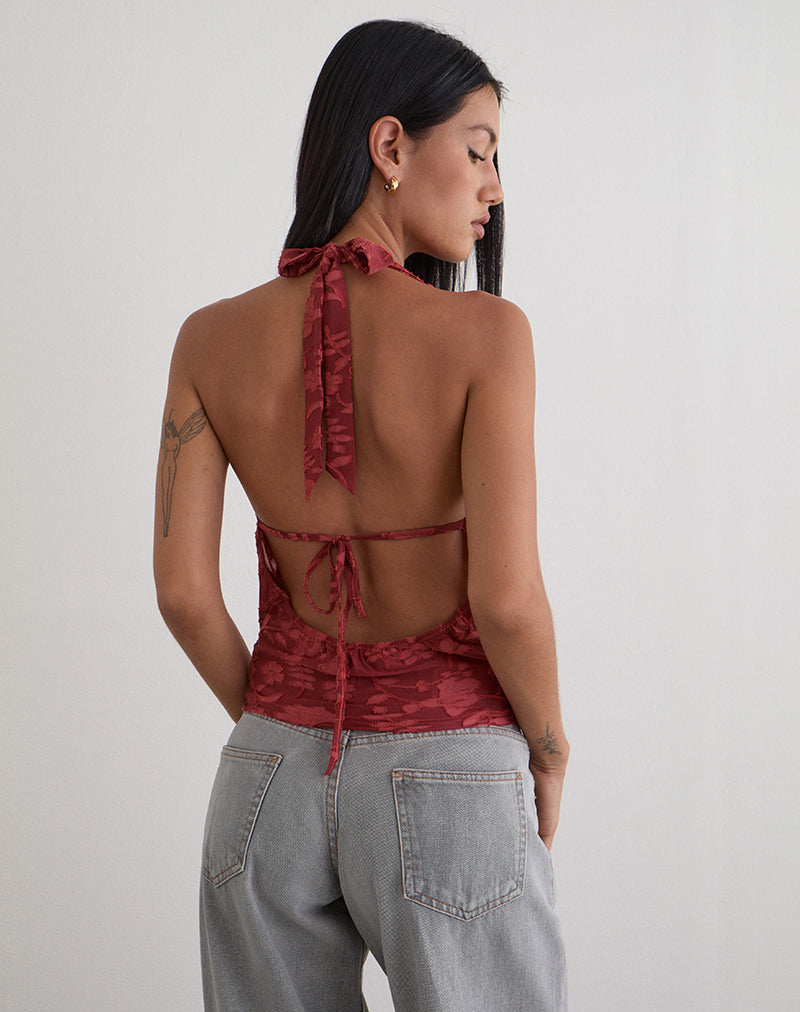Image of Yukari Plunge Top in Burnout Mesh Red