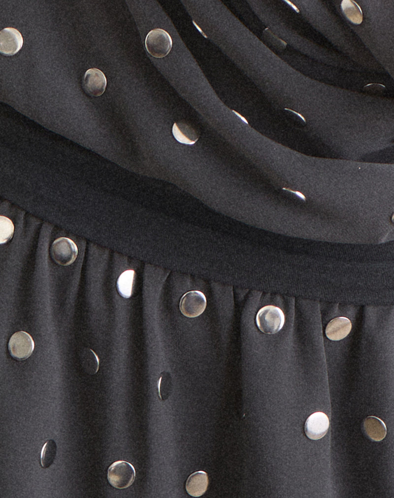Dark Grey Studded Chiffon Plunge Cowl Mini Dress