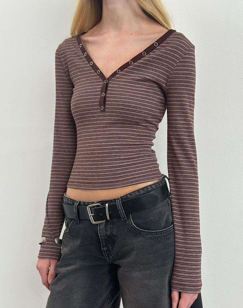 Image of Yusi Long Sleeve Top in Brown and Grey Stripe