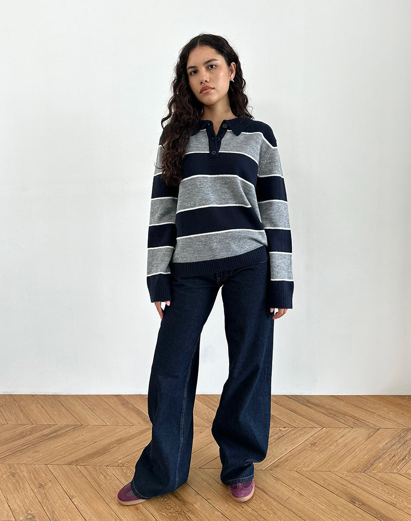 Image of Yusnada Oversized Rugby Jumper in Navy and Grey Stripe