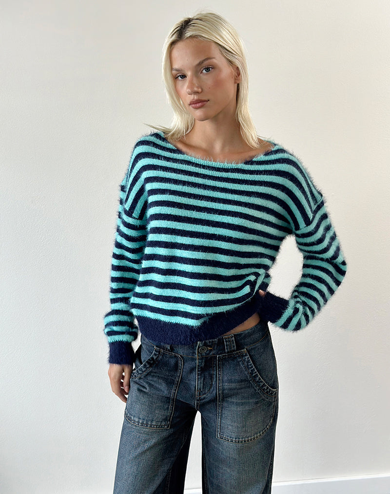 Zalo Jumper in Knit Stripe Light Blue and Navy