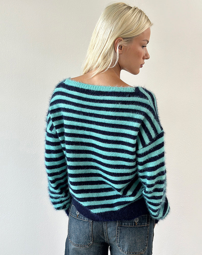 Image of Zalo Jumper in Knit Stripe Light Blue and Navy