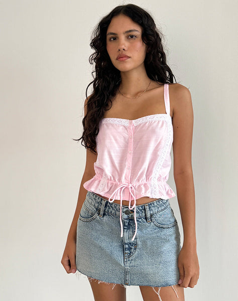 Light Pink Tie Front Top with White Trim | Zaria