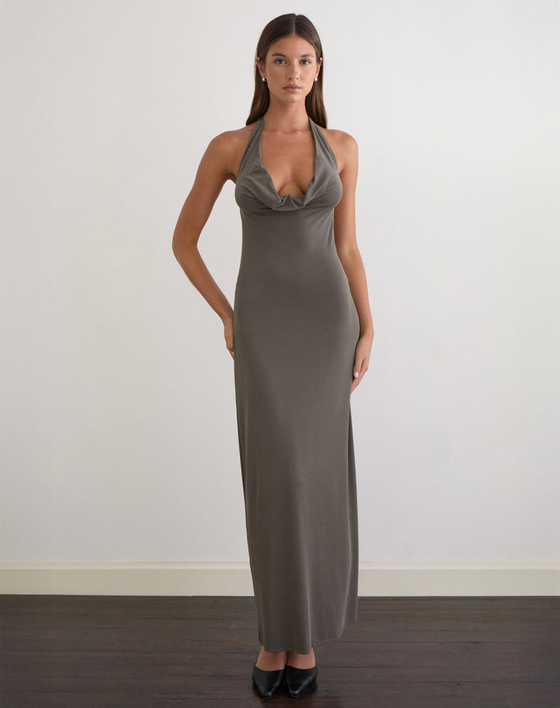 Image of Zarya Maxi Dress in Cupro Grey Khaki